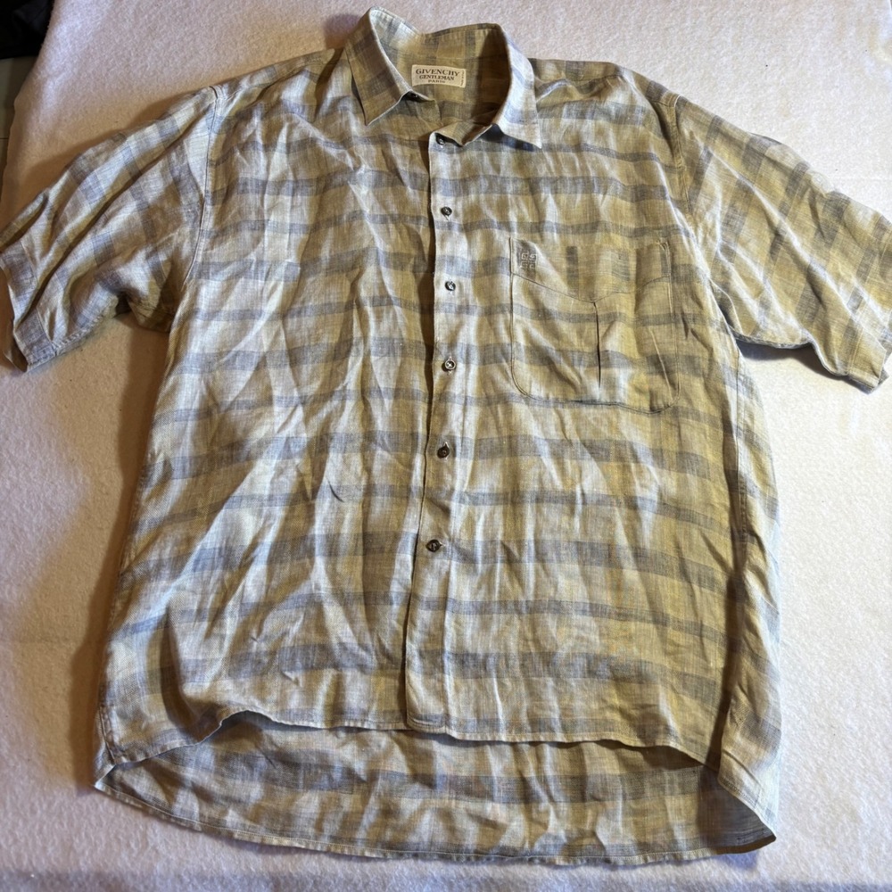 Vintage GIVENCHY Gentleman Paris Mens Shirt Plaid Short Sleeve Button Up Linen L